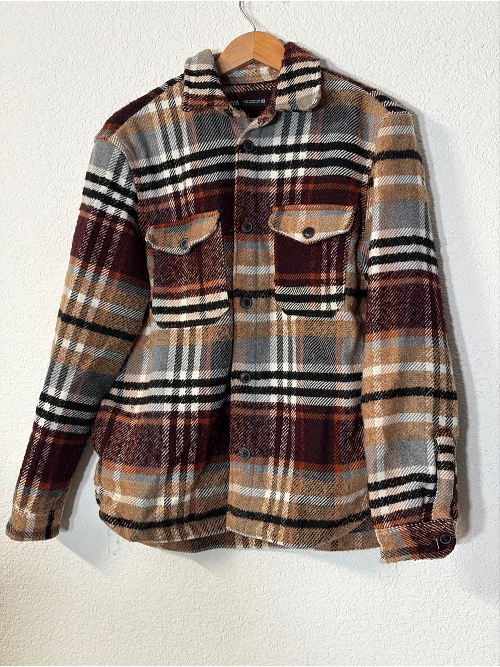 Zara Maroon, Tan & Gray Plaid Casual heavy shirt jacket Shacket size M
